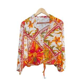 Haute Hippie L Tie-Front Blouse Tropical Floral Print Boho Rayon